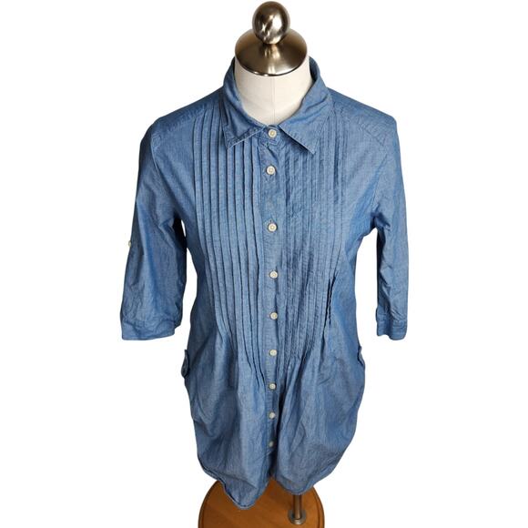 Levi's Pleated Tunic Top Women's Size Medium Chambray Roll Tab Hem 3/4 Sleeve - Picture 1 of 14